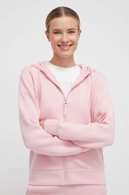 Guess bluza femei, culoarea roz, cu glugă, cu imprimeu Dama