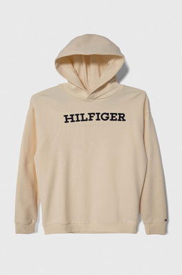 Tommy Hilfiger hanorac de bumbac pentru copii culoarea bej, cu glugă, cu imprimeu , Hanorace Barbati