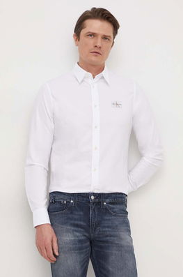 Calvin Klein Jeans camasa din bumbac barbati, culoarea alb, cu guler clasic, regular