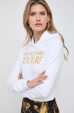 Versace Jeans Couture hanorac de bumbac femei, culoarea alb, cu glugă, cu imprimeu Dama