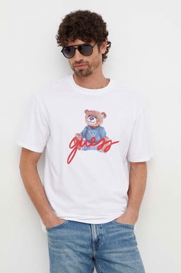 Guess tricou din bumbac barbati, culoarea alb, cu imprimeu