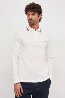 Tommy Hilfiger longsleeve barbati, culoarea alb, cu imprimeu bej