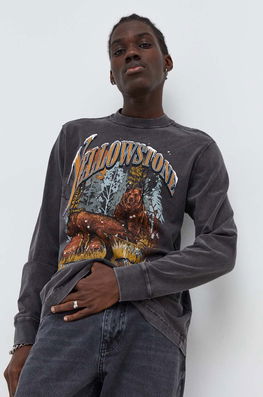 Abercrombie & Fitch longsleeve din bumbac culoarea gri, cu imprimeu Barbati