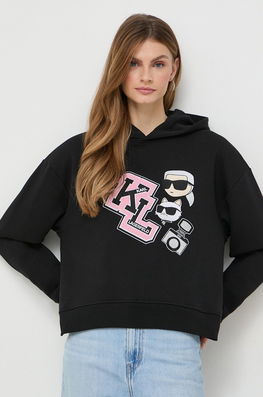 Karl Lagerfeld bluza femei, culoarea negru, cu glugă, cu imprimeu Dama