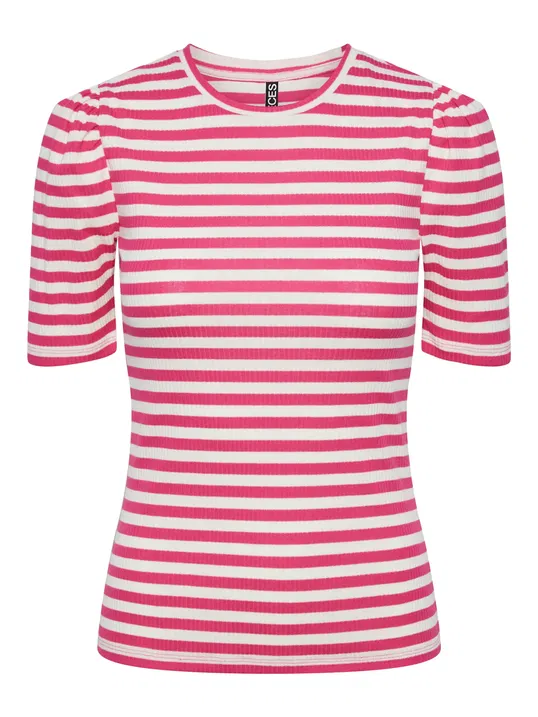 PIECES Tricou `RUKA` roz / alb
