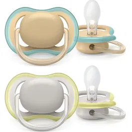 Set 2 suzete Philips Avent Ultra Air SCF085/15, ortodontice, 0-6 luni, Maro/Gri